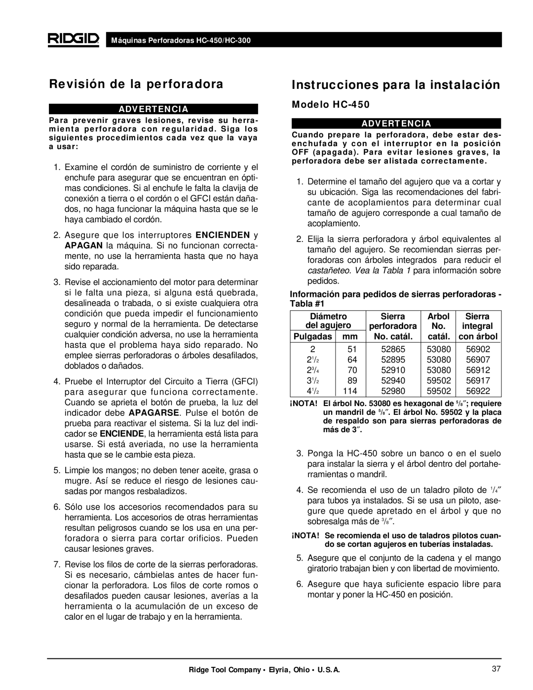 RIDGID hc-450, hc-300 manual Revisión de la perforadora, Instrucciones para la instalación, Modelo HC-450 