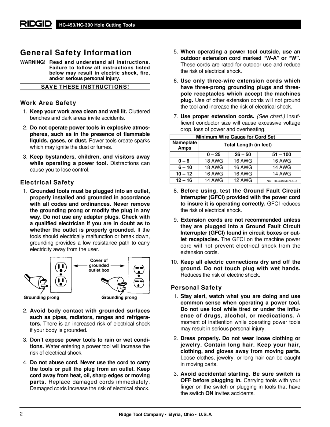 RIDGID hc-300, hc-450 manual General Safety Information, Work Area Safety, Electrical Safety, Personal Safety 