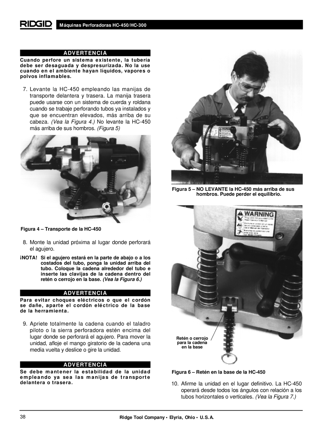 RIDGID hc-300, hc-450 manual Monte la unidad próxima al lugar donde perforará el agujero 