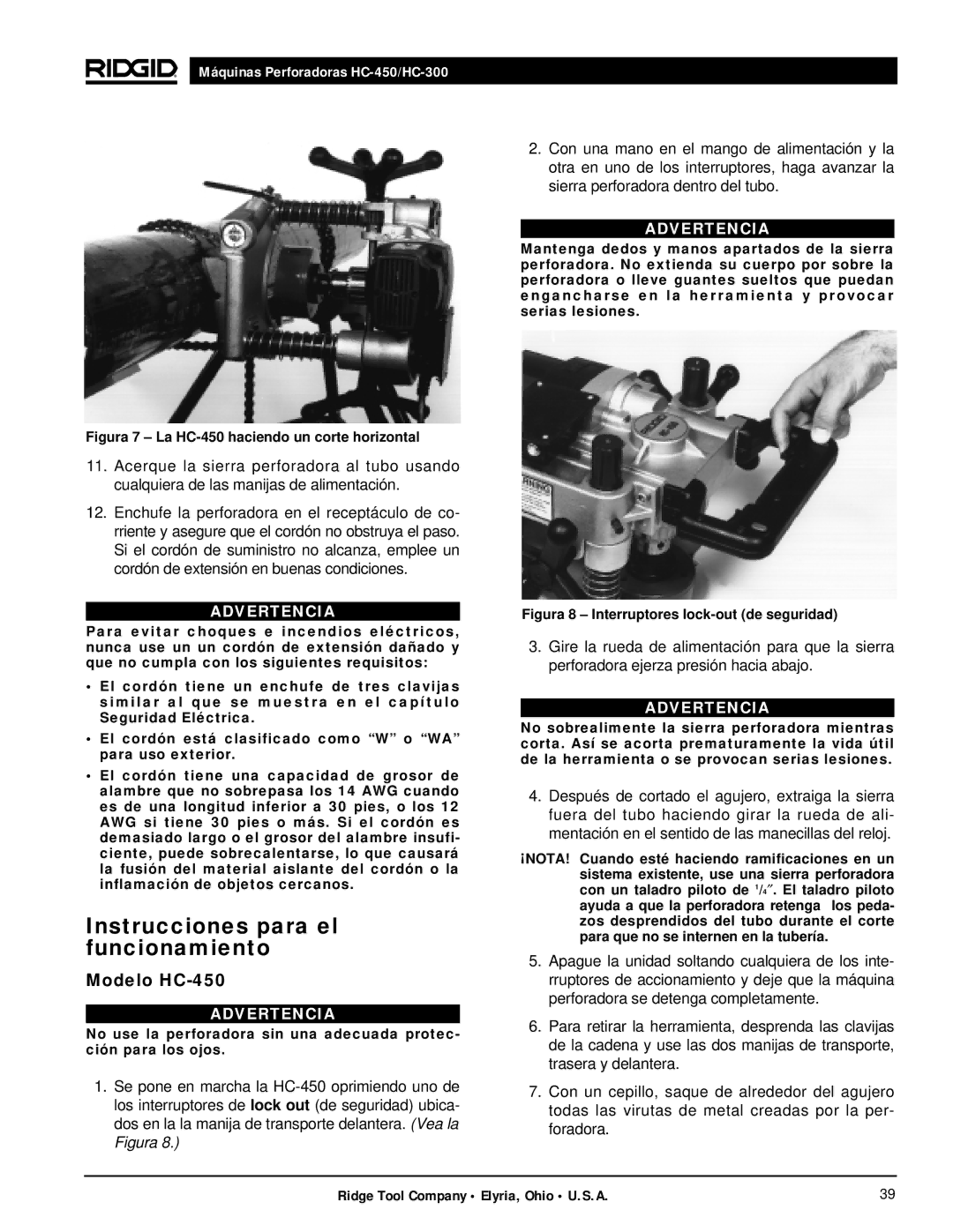 RIDGID hc-450, hc-300 manual Instrucciones para el funcionamiento, Figura 7 La HC-450 haciendo un corte horizontal 