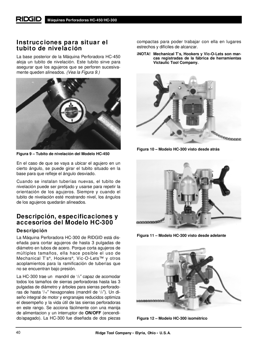 RIDGID hc-300, hc-450 manual Instrucciones para situar el tubito de nivelación 