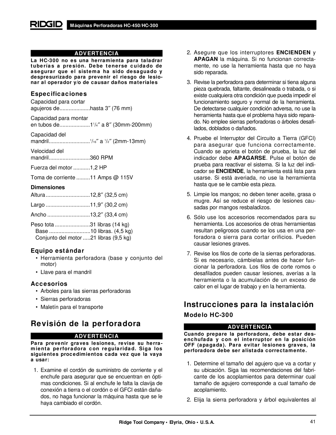 RIDGID hc-450, hc-300 manual Especificaciones, Modelo HC-300 