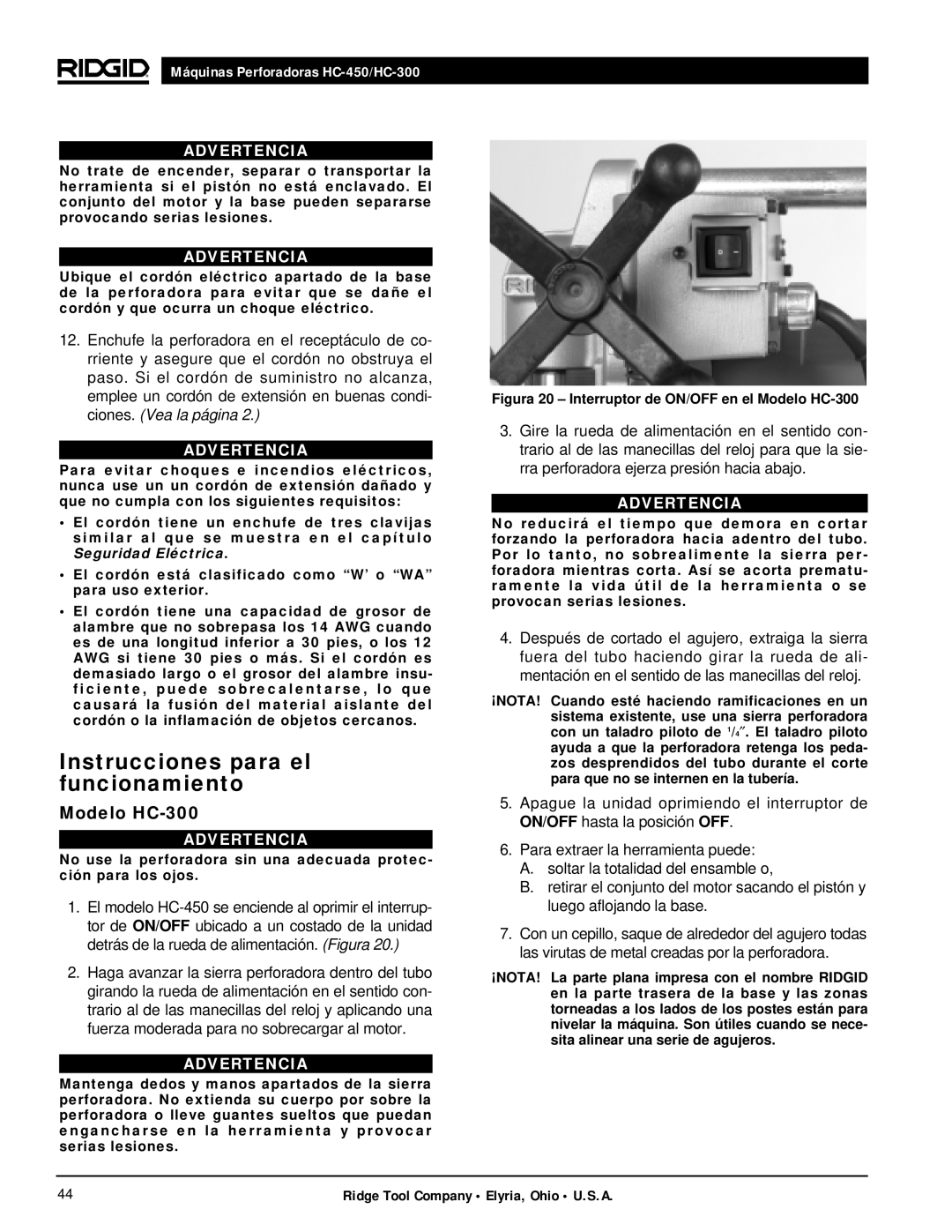 RIDGID hc-300, hc-450 manual Figura 20 Interruptor de ON/OFF en el Modelo HC-300 