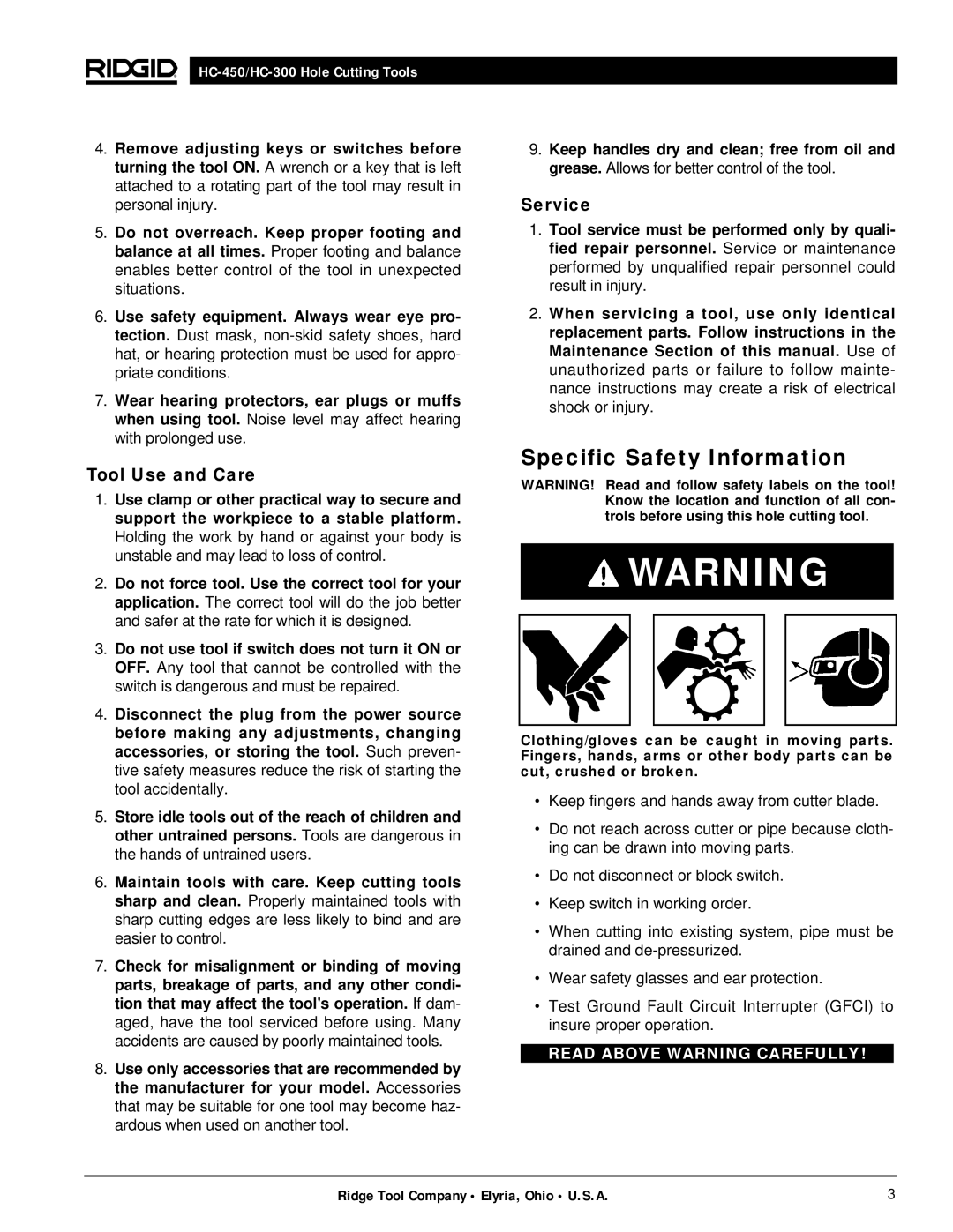 RIDGID hc-450, hc-300 manual Specific Safety Information, Tool Use and Care, Service 