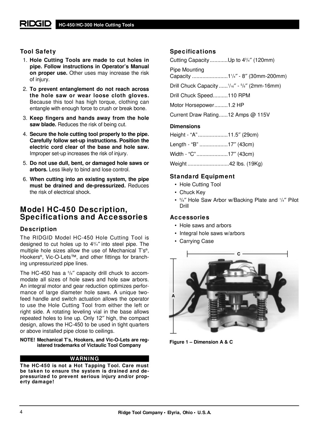 RIDGID hc-300, hc-450 manual Model HC-450 Description, Specifications and Accessories 