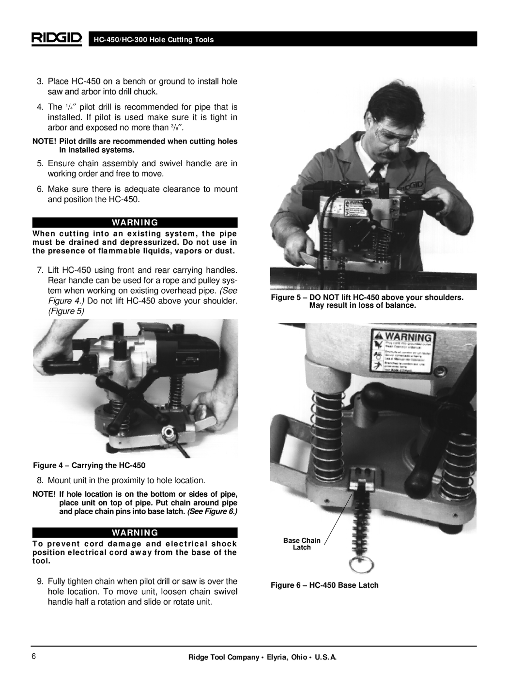 RIDGID hc-300, hc-450 manual Mount unit in the proximity to hole location 