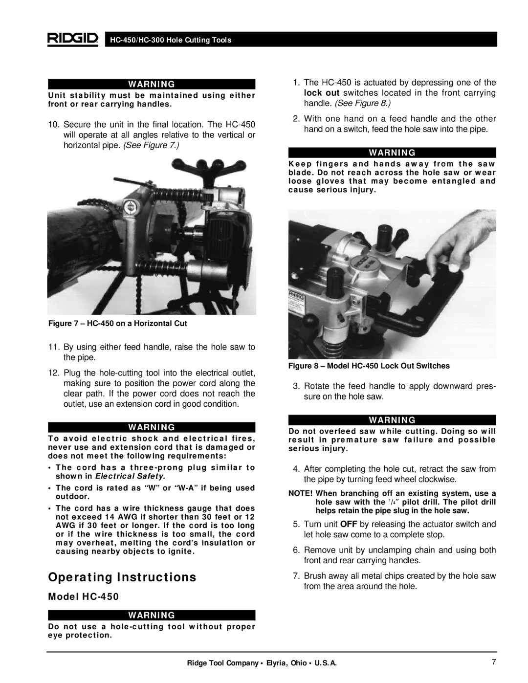 RIDGID hc-450, hc-300 manual Operating Instructions, HC-450 on a Horizontal Cut 