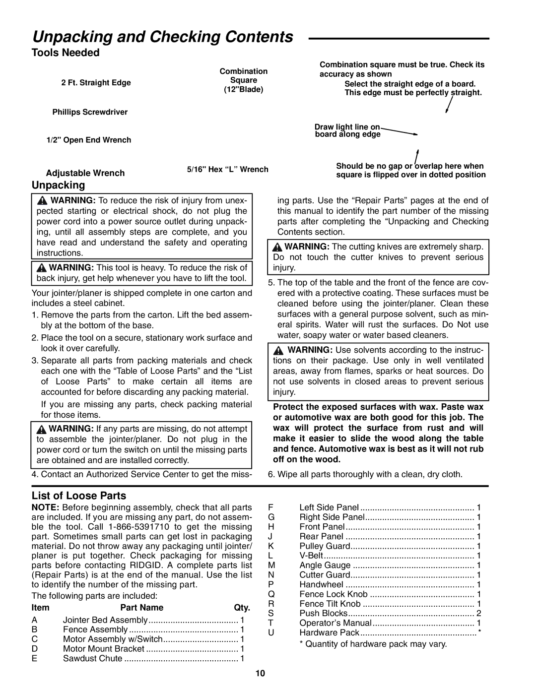 RIDGID JP0610 manual Unpacking and Checking Contents 