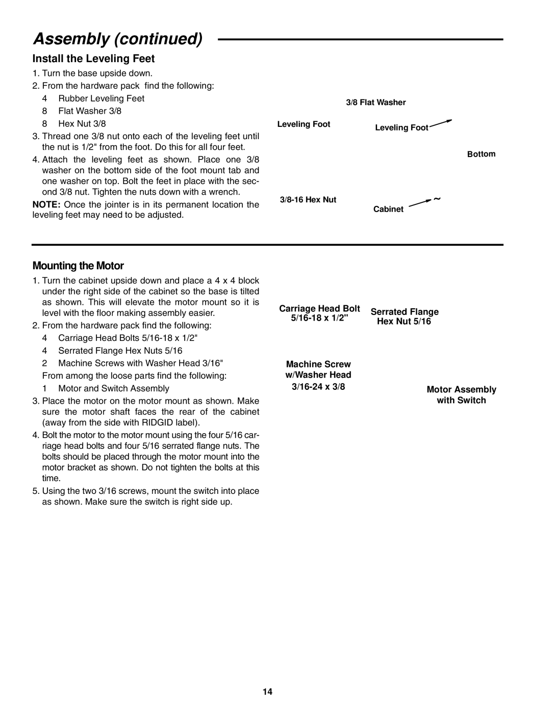 RIDGID JP0610 manual Install the Leveling Feet, Mounting the Motor, Carriage Head Bolt 16-18 x 1/2 