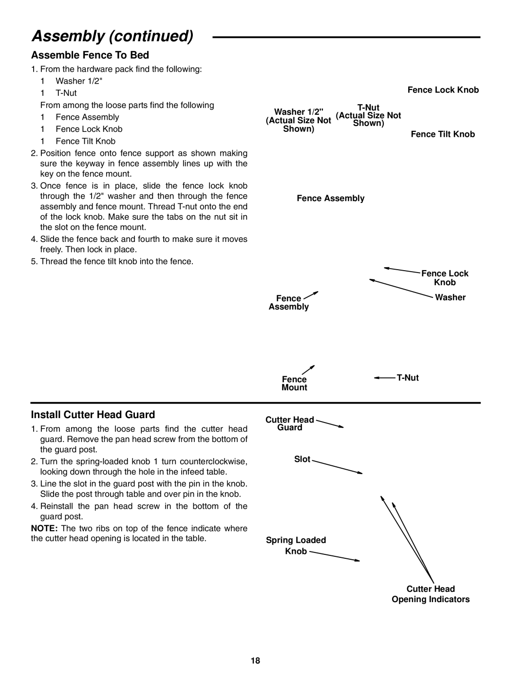 RIDGID JP0610 manual Assemble Fence To Bed, Install Cutter Head Guard, Fence Lock Knob Nut Washer 1/2 Actual Size Not 