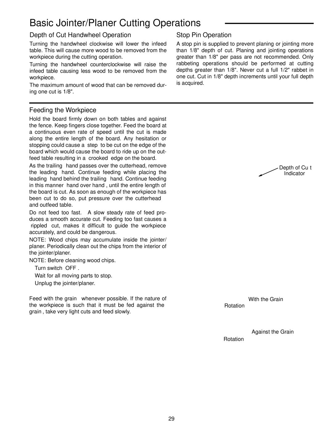 RIDGID JP0610 manual Basic Jointer/Planer Cutting Operations, Depth of Cut Handwheel Operation, Stop Pin Operation 