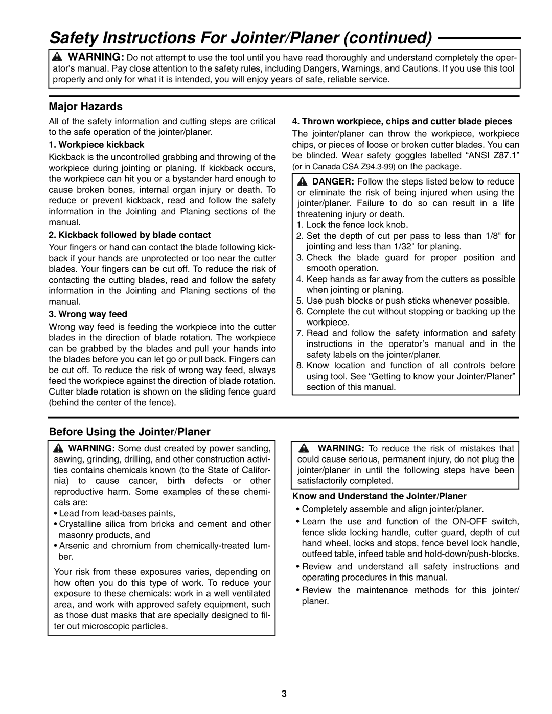 RIDGID JP0610 manual Major Hazards, Before Using the Jointer/Planer 