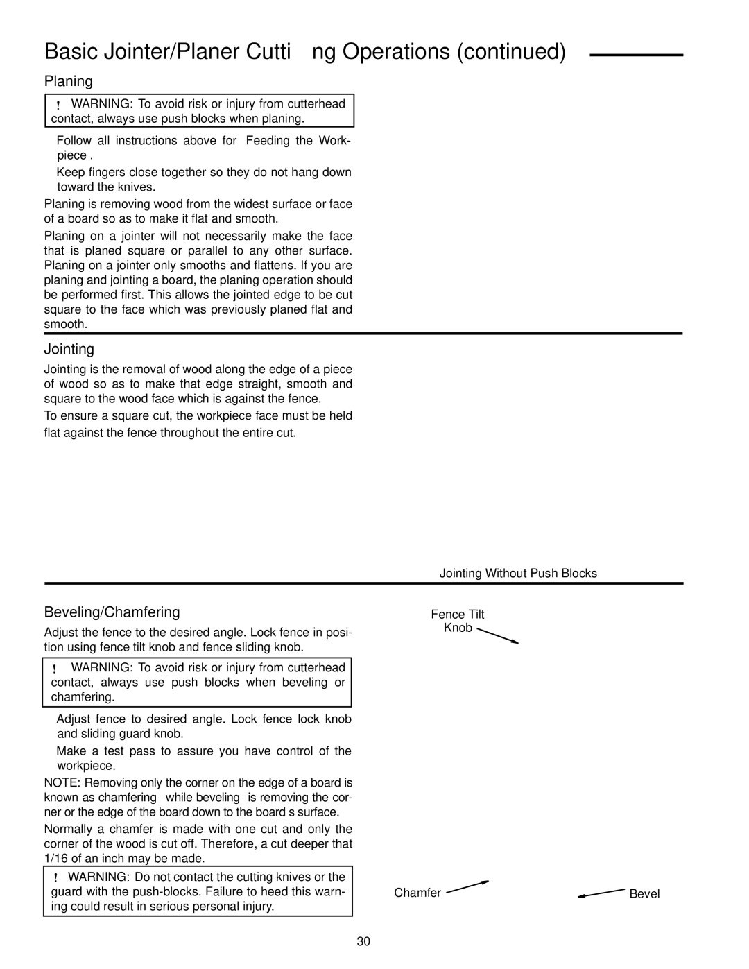 RIDGID JP0610 manual Planing, Beveling/Chamfering, Jointing Without Push Blocks, Fence Tilt Knob Chamfer 