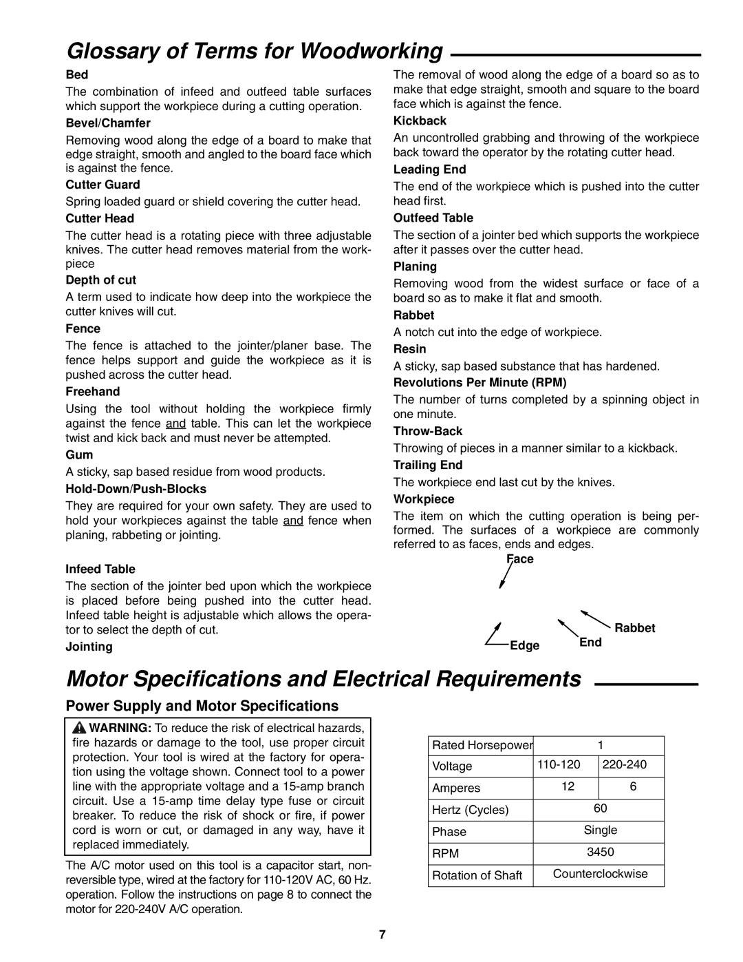 RIDGID JP0610 manual Glossary of Terms for Woodworking, Motor Specifications and Electrical Requirements 