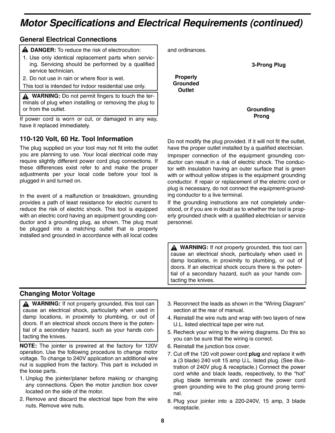 RIDGID JP0610 manual General Electrical Connections, Volt, 60 Hz. Tool Information, Changing Motor Voltage 