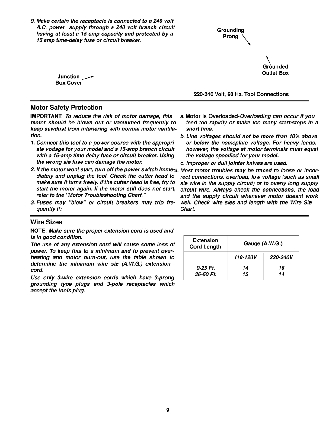 RIDGID JP0610 manual Motor Safety Protection, Wire Sizes, Extension Gauge A.W.G Cord Length 