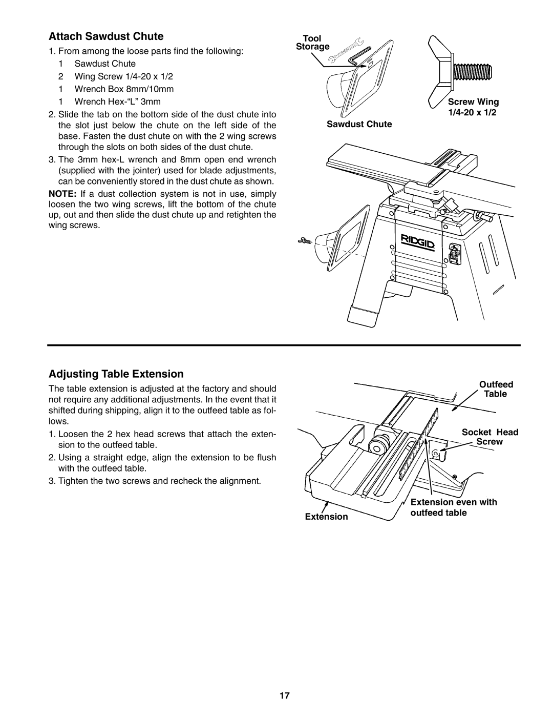 RIDGID JP06101 manual Attach Sawdust Chute, Adjusting Table Extension, Tool Storage Sawdust Chute Screw Wing 1/4-20 x 1/2 