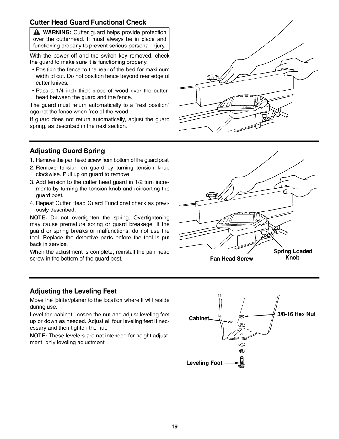 RIDGID JP06101 manual Cutter Head Guard Functional Check, Adjusting Guard Spring, Adjusting the Leveling Feet 