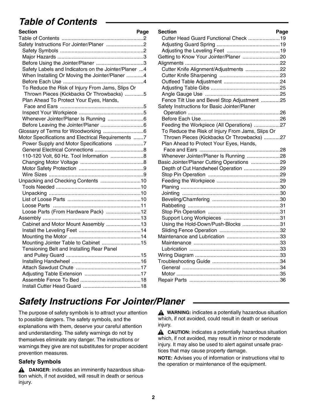 RIDGID JP06101 manual Table of Contents, Safety Instructions For Jointer/Planer 
