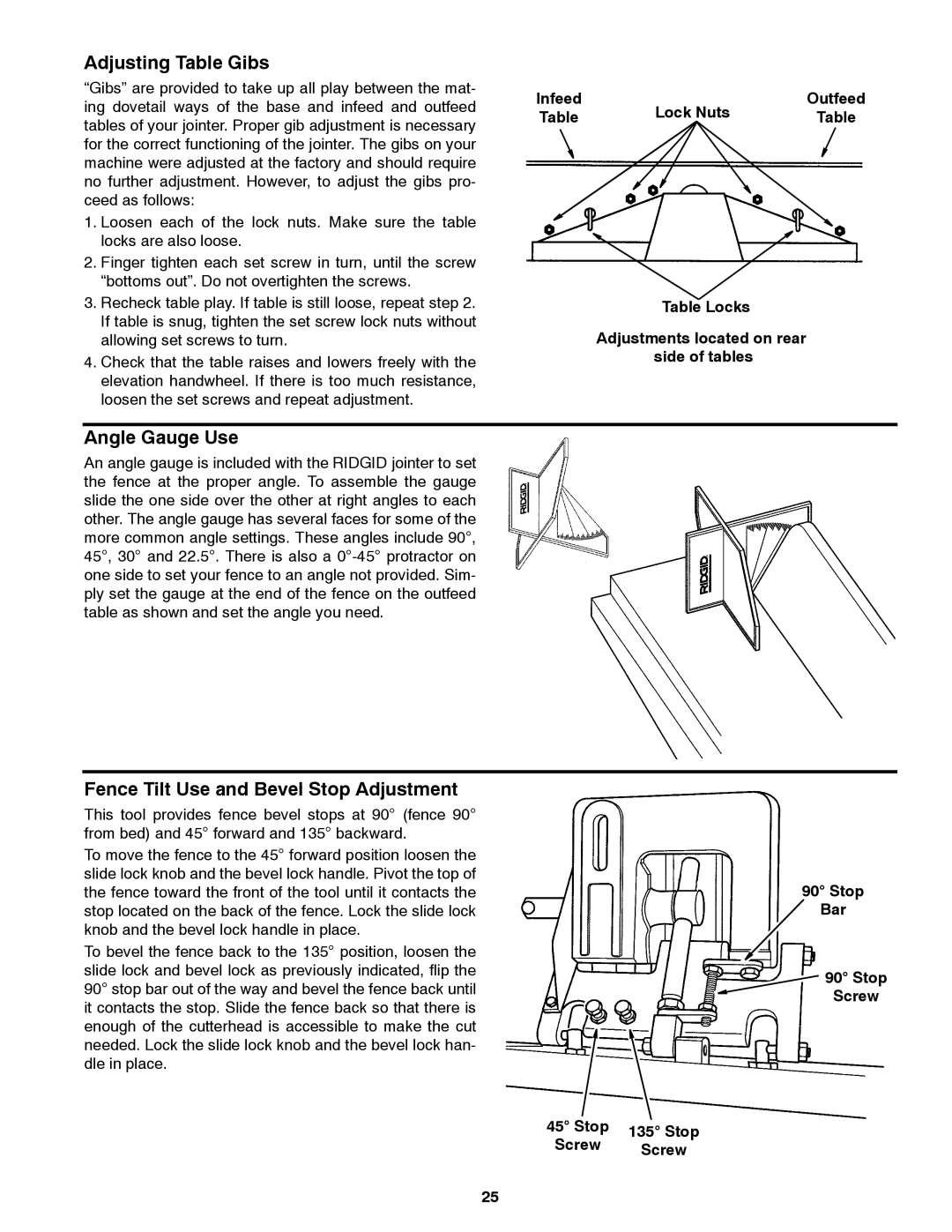 RIDGID JP06101 manual Adjusting Table Gibs, Angle Gauge Use, Fence Tilt Use and Bevel Stop Adjustment, Stop Screw Bar 