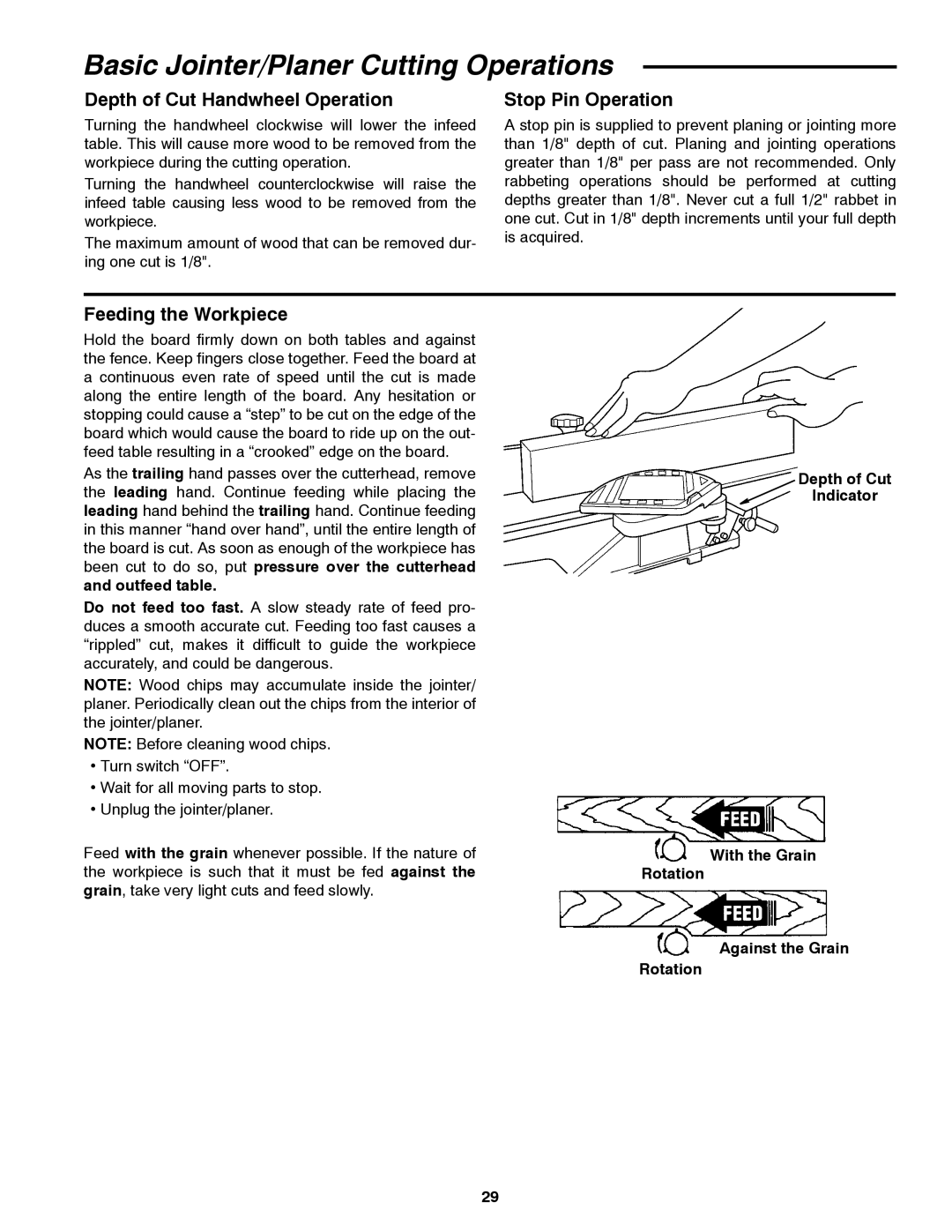 RIDGID JP06101 manual Basic Jointer/Planer Cutting Operations, Depth of Cut Handwheel Operation, Stop Pin Operation 