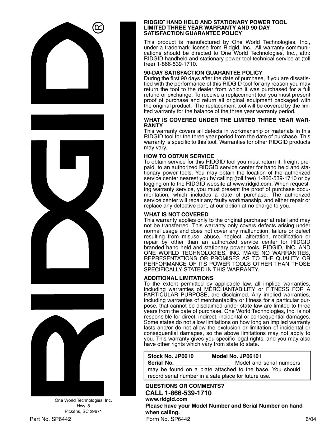 RIDGID JP06101 manual Call, DAY Satisfaction Guarantee Policy 