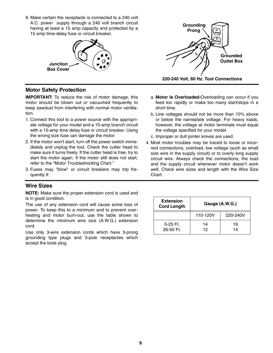 RIDGID JP06101 manual Motor Safety Protection, Wire Sizes, Extension Gauge A.W.G Cord Length 