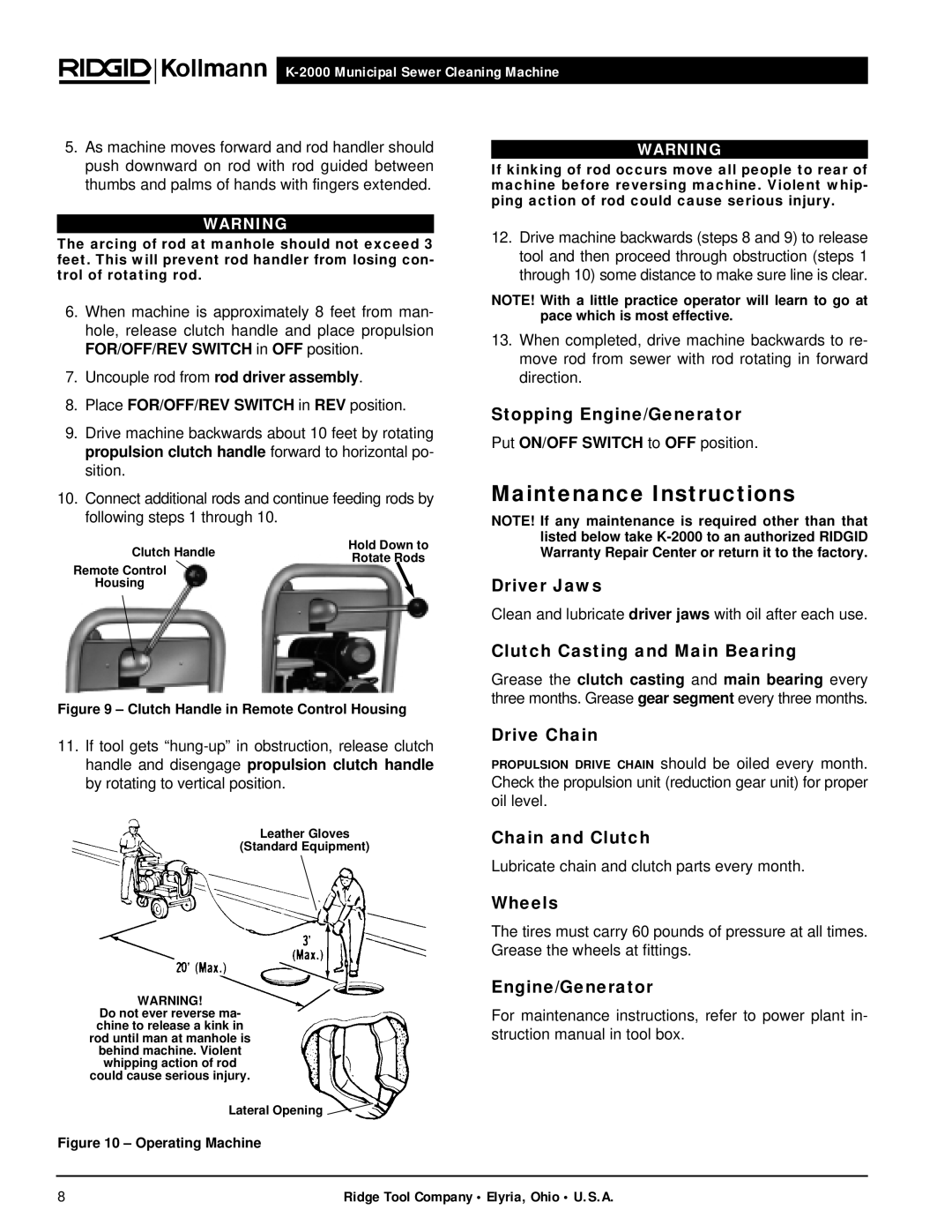 RIDGID K-2000 manual Maintenance Instructions 