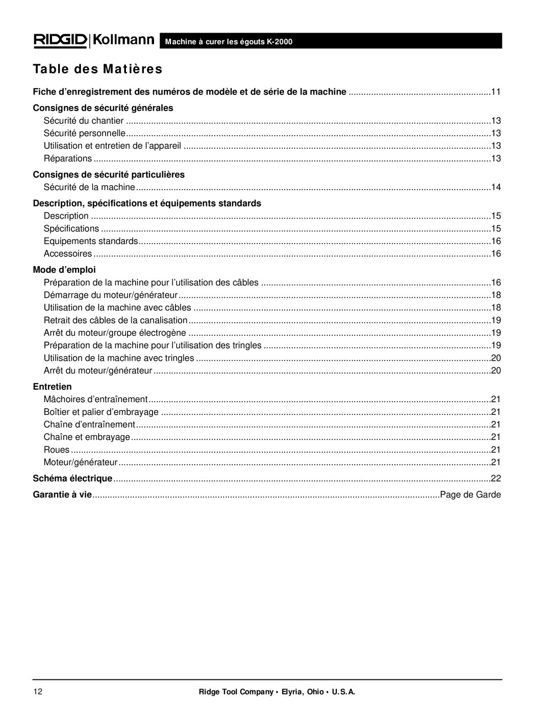 RIDGID K-2000 manual Table des Matières, Consignes de sécurité générales 