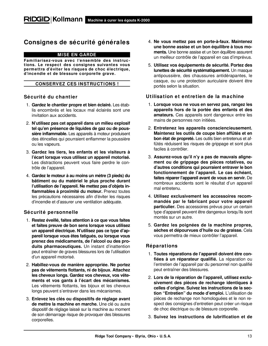 RIDGID K-2000 manual Consignes de sécurité générales, Sécurité du chantier, Sécurité personnelle, Réparations 