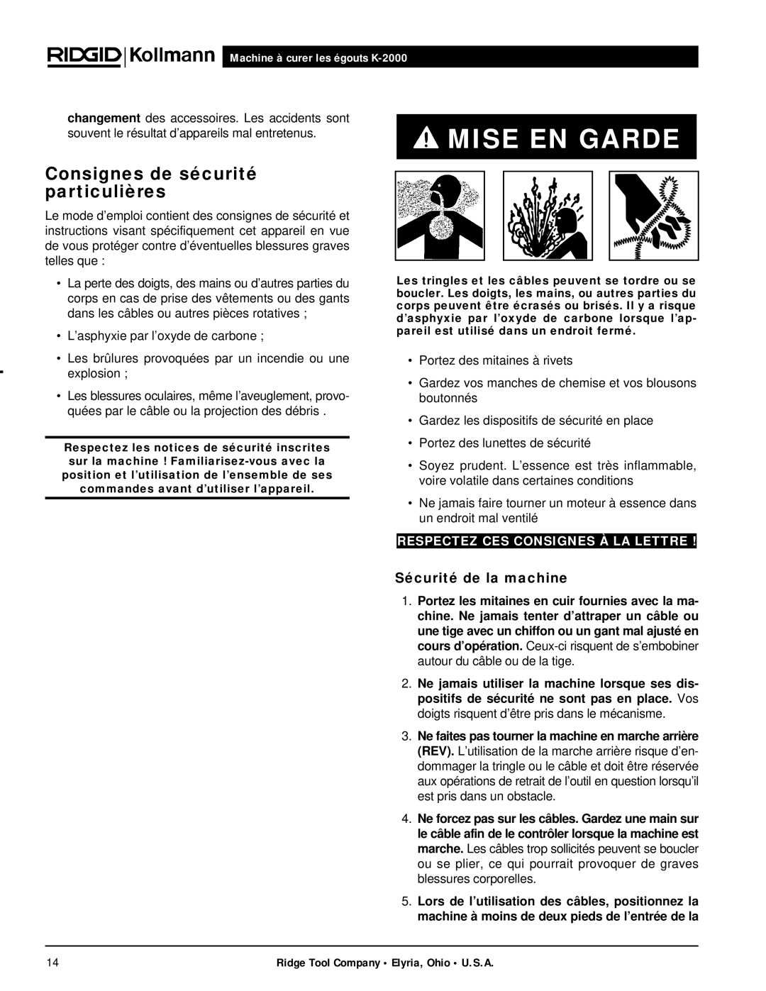 RIDGID K-2000 manual Consignes de sécurité particulières, Sécurité de la machine 