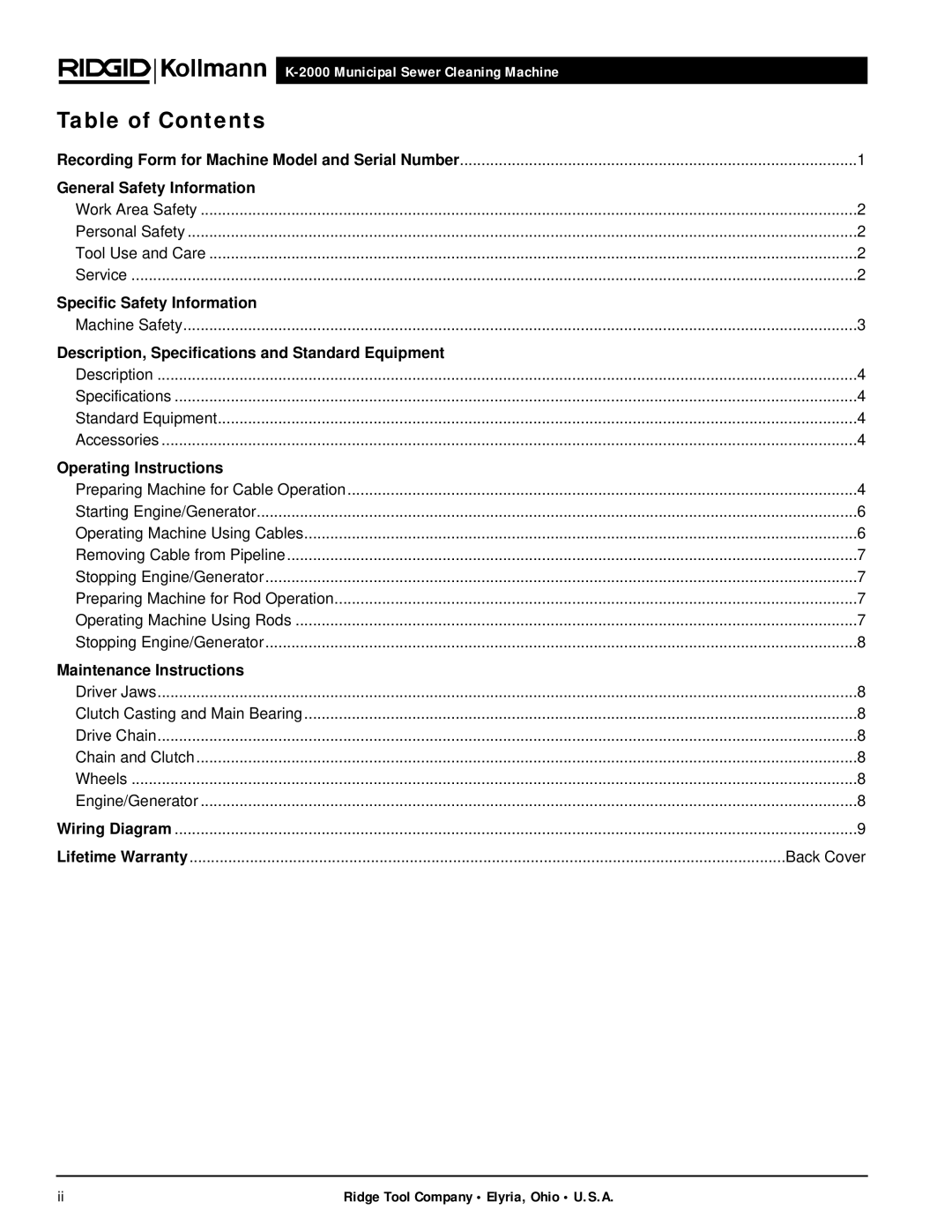 RIDGID K-2000 manual Table of Contents 