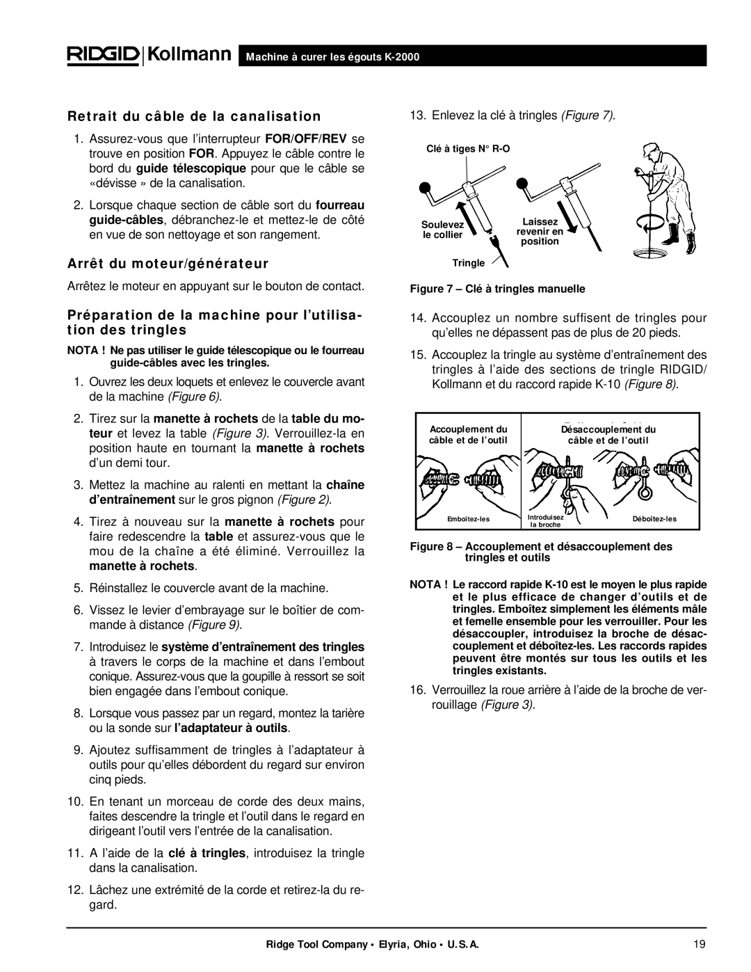 RIDGID K-2000 manual Retrait du câble de la canalisation, Arrêt du moteur/générateur 