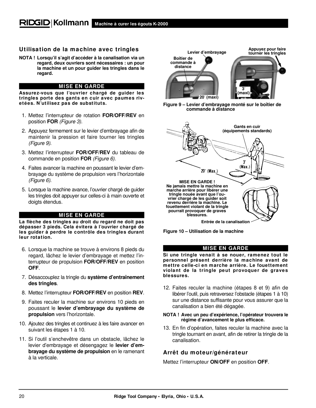 RIDGID K-2000 manual Utilisation de la machine avec tringles, Mise EN Garde 