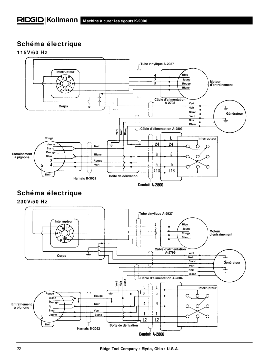 RIDGID K-2000 manual Schéma électrique, 115V/60 Hz 