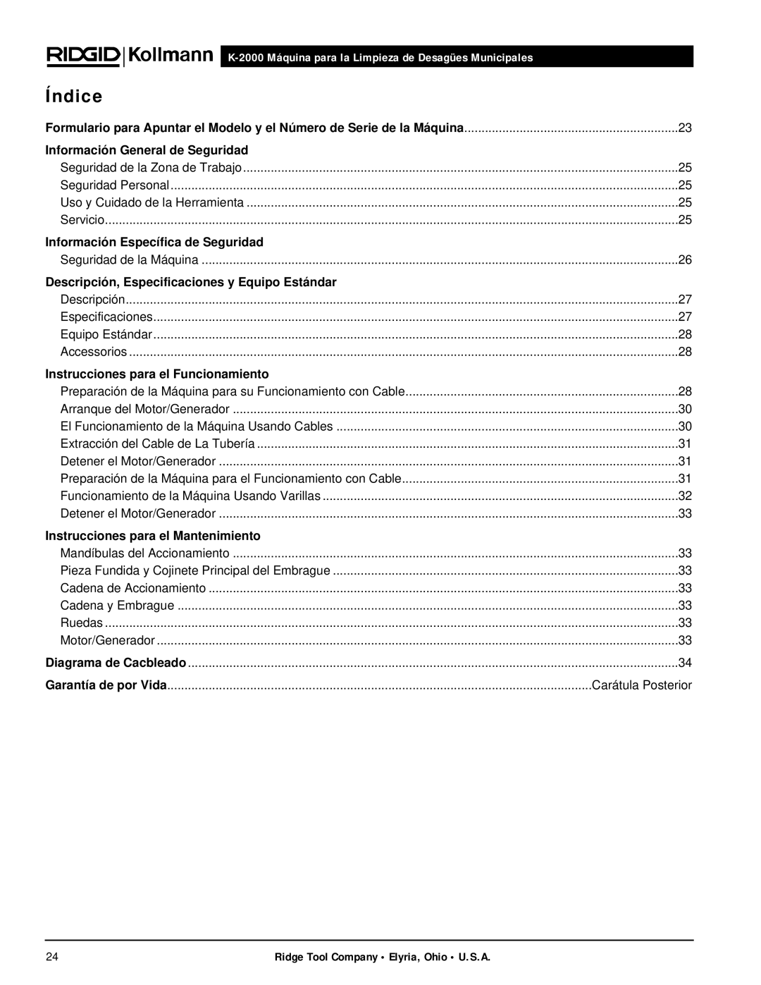 RIDGID K-2000 manual Índice, Información General de Seguridad 