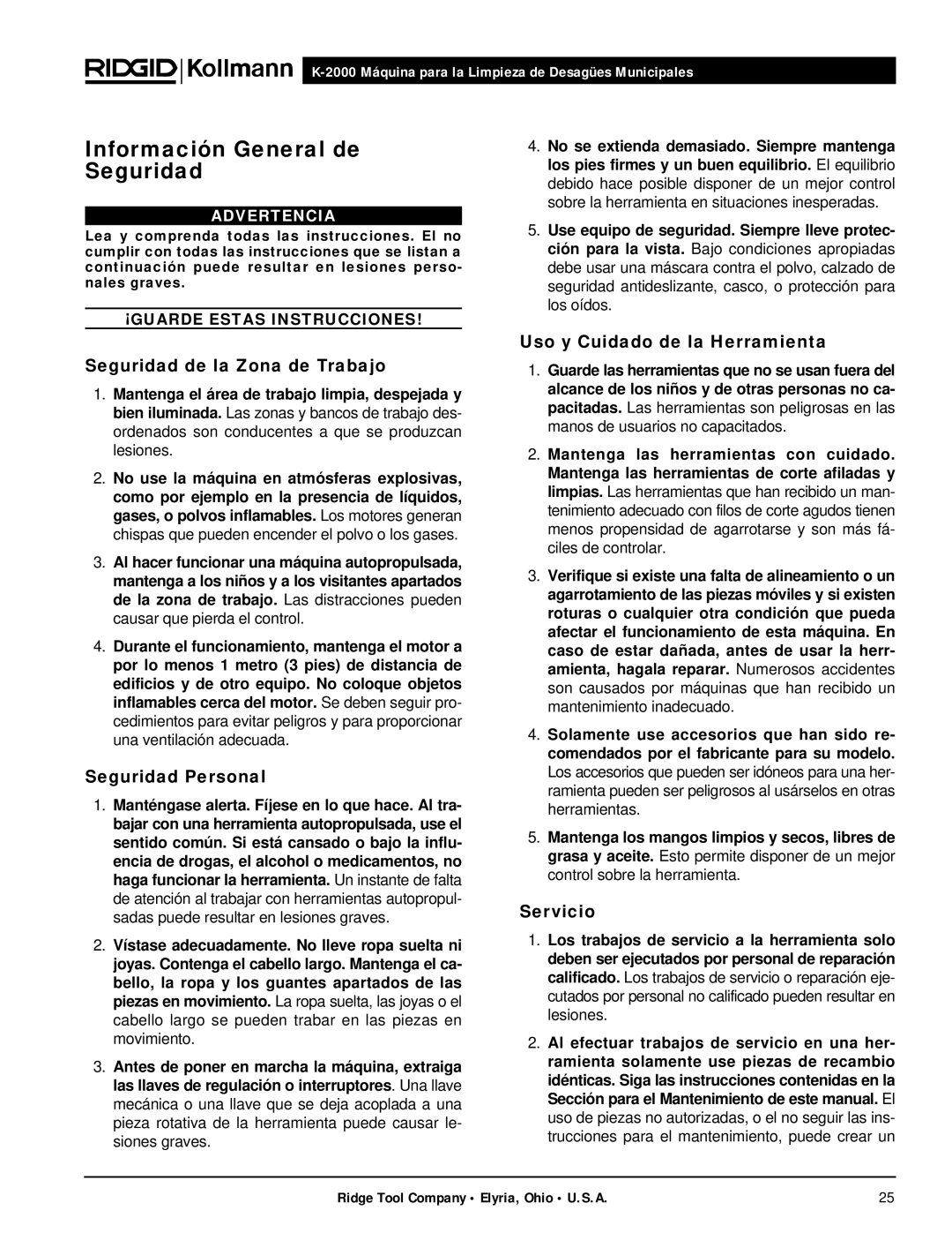 RIDGID K-2000 manual Información General de Seguridad, Seguridad de la Zona de Trabajo, Seguridad Personal, Servicio 