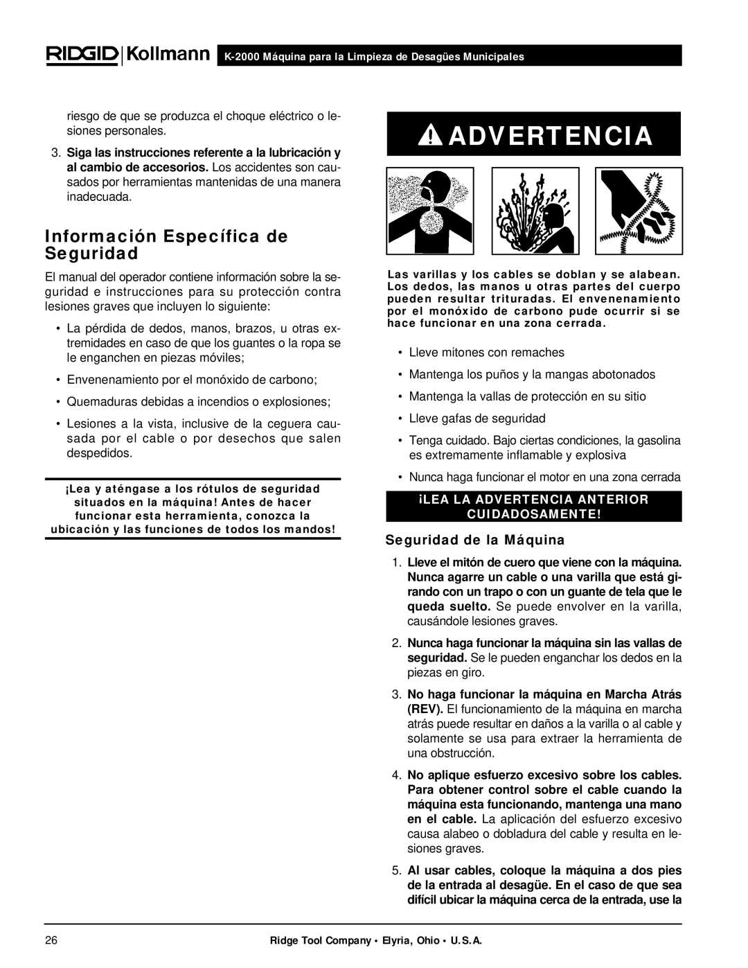 RIDGID K-2000 manual Información Específica de Seguridad, Seguridad de la Máquina 