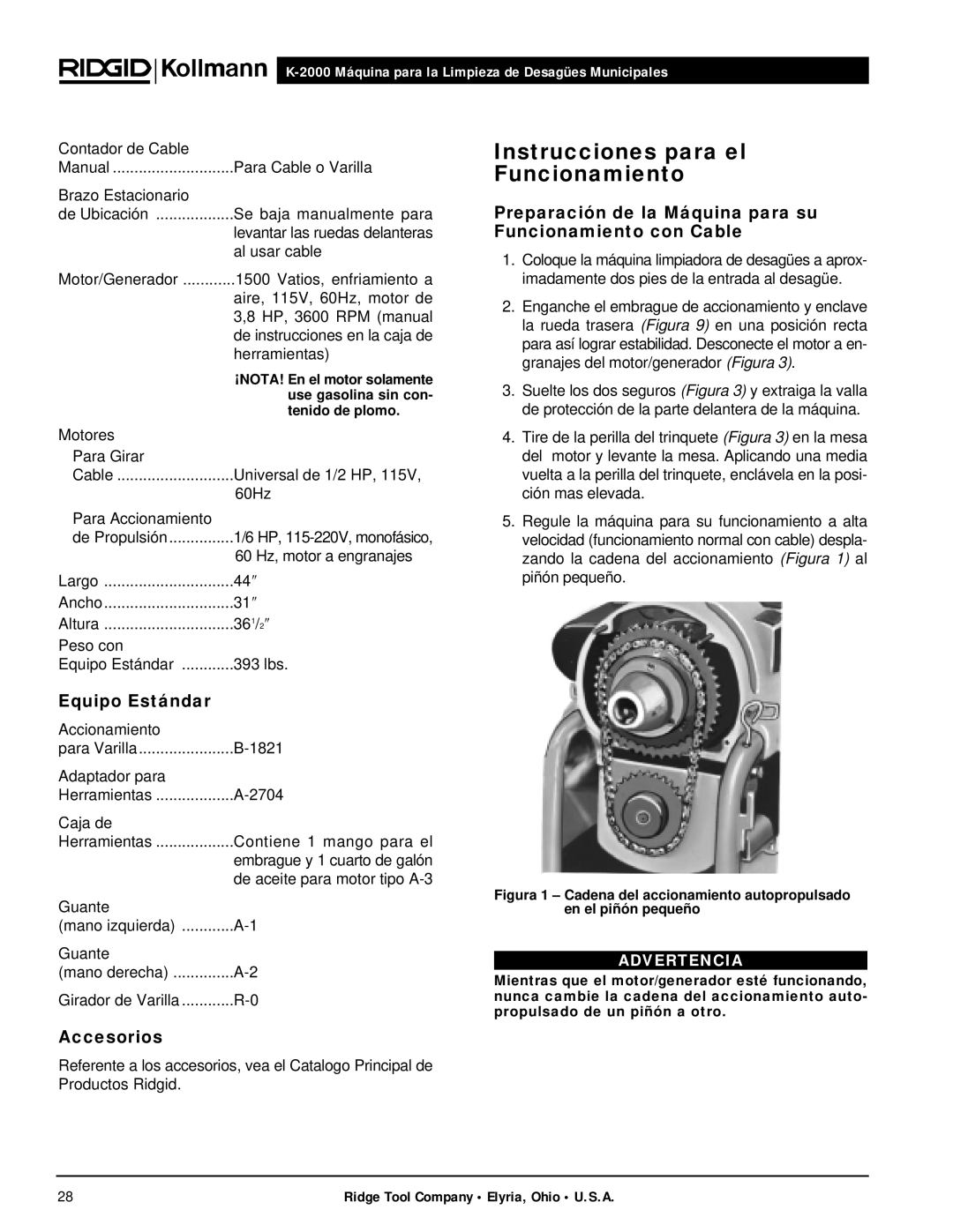 RIDGID K-2000 manual Instrucciones para el Funcionamiento, Equipo Estándar, Accesorios 