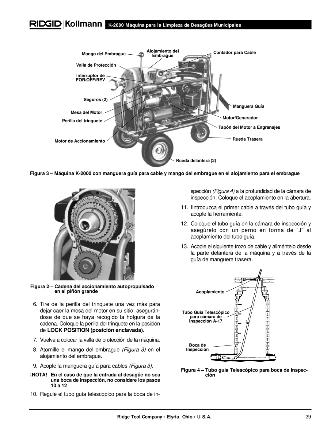 RIDGID K-2000 manual Regule el tubo guía telescópico para la boca de 