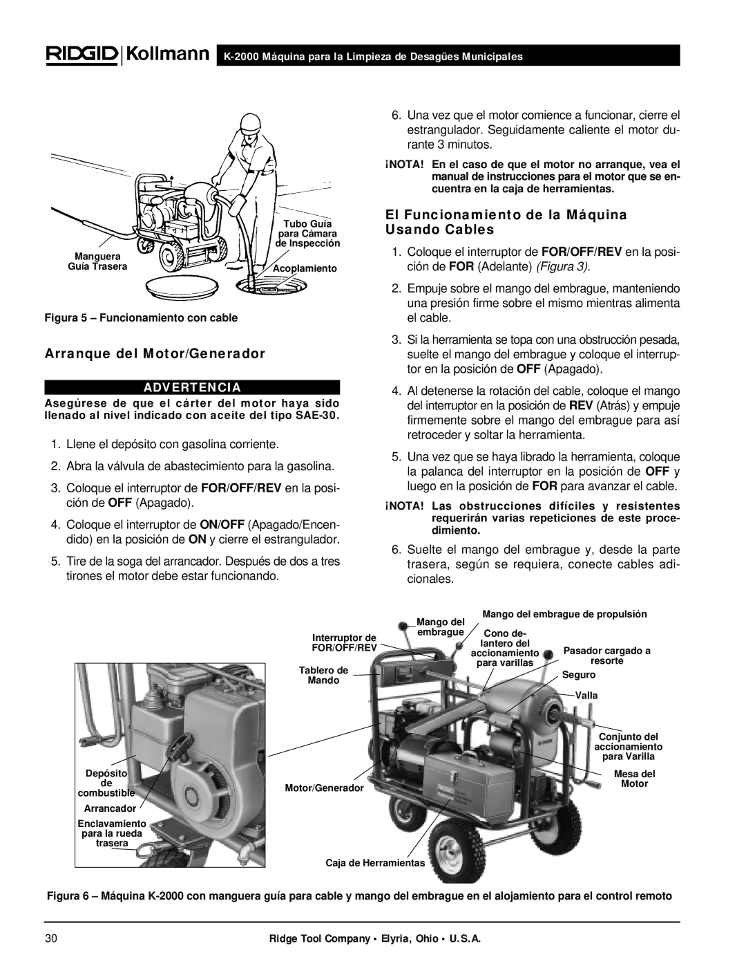 RIDGID K-2000 manual Arranque del Motor/Generador, El Funcionamiento de la Máquina Usando Cables 