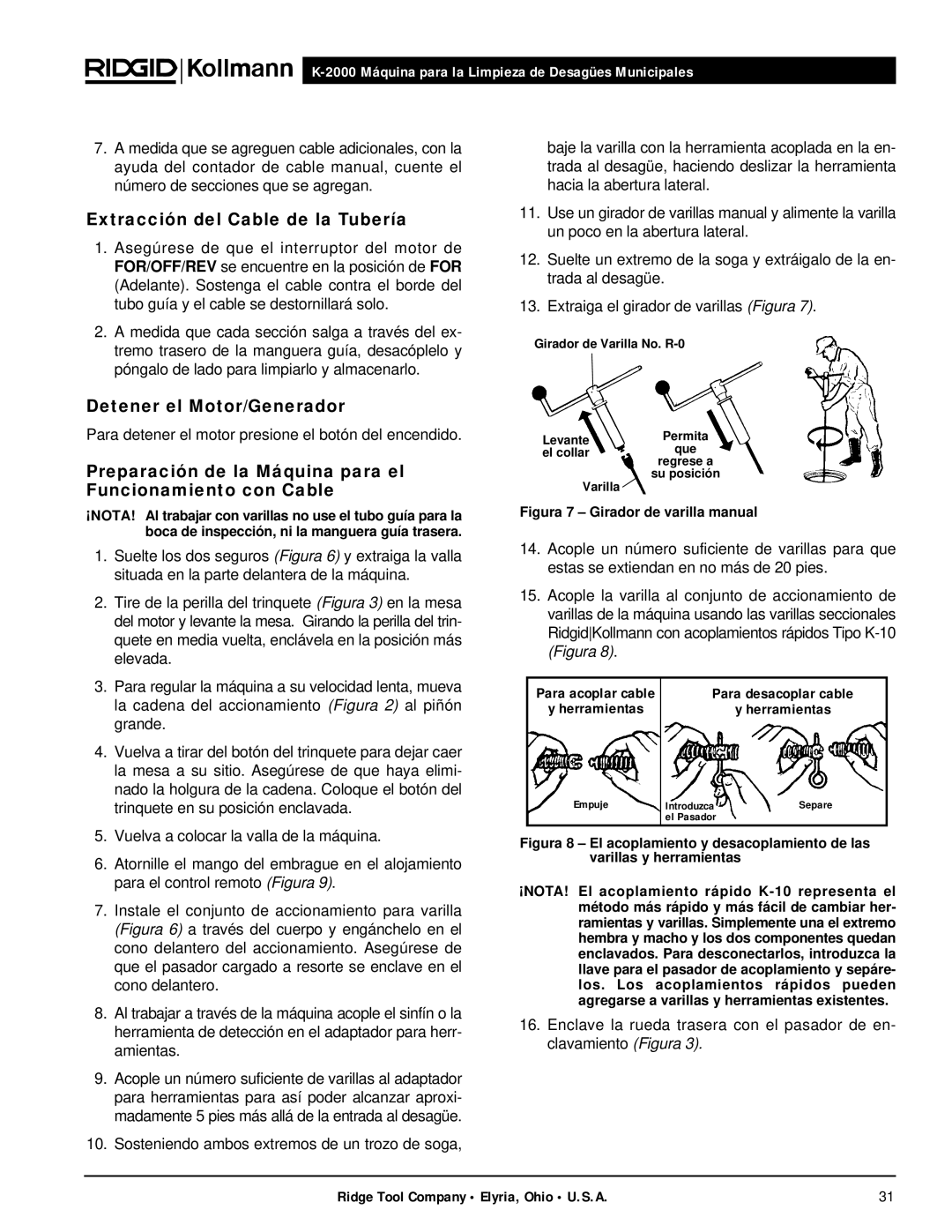 RIDGID K-2000 manual Extracción del Cable de la Tubería, Detener el Motor/Generador 