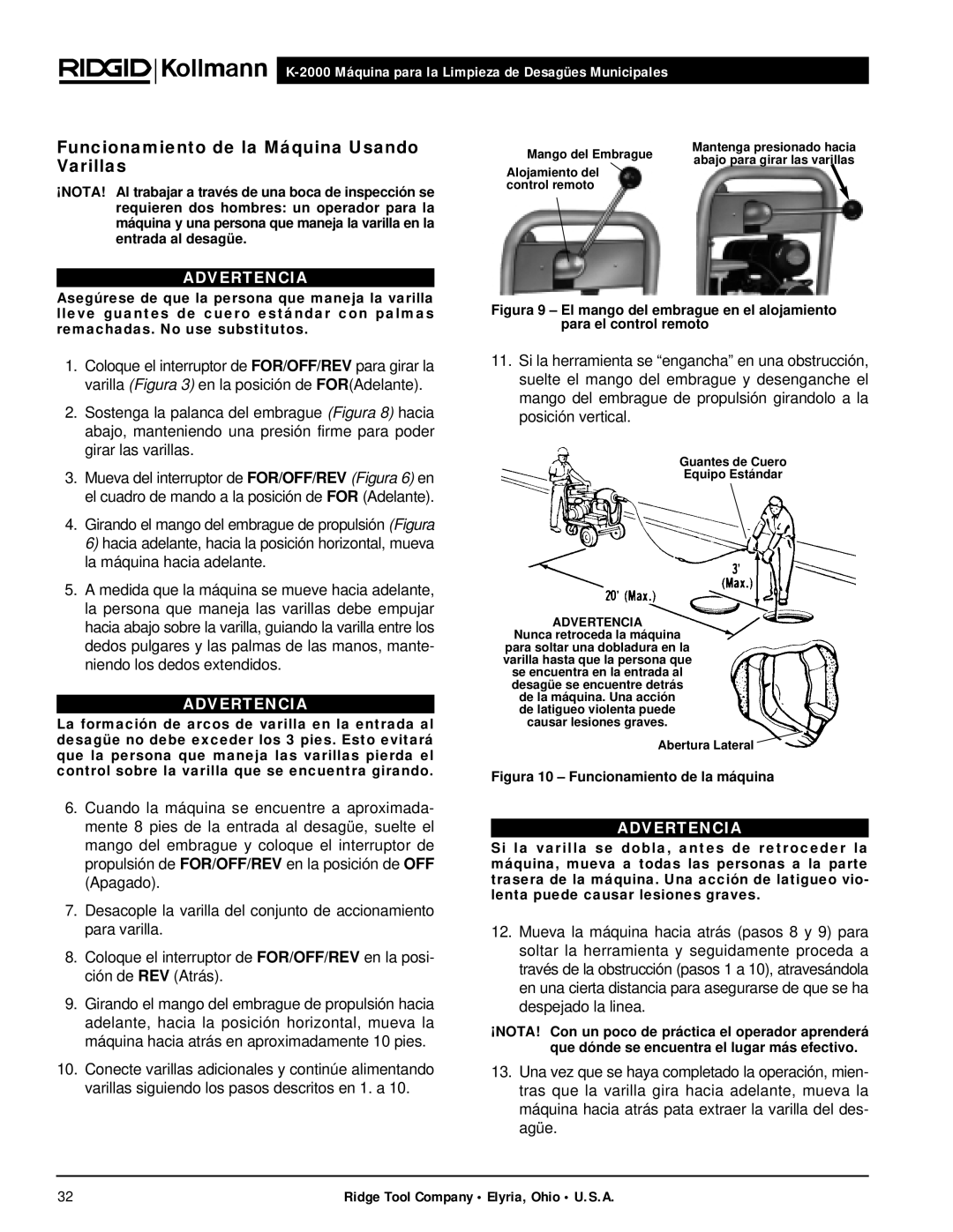 RIDGID K-2000 manual Funcionamiento de la Máquina Usando Varillas, Advertencia 