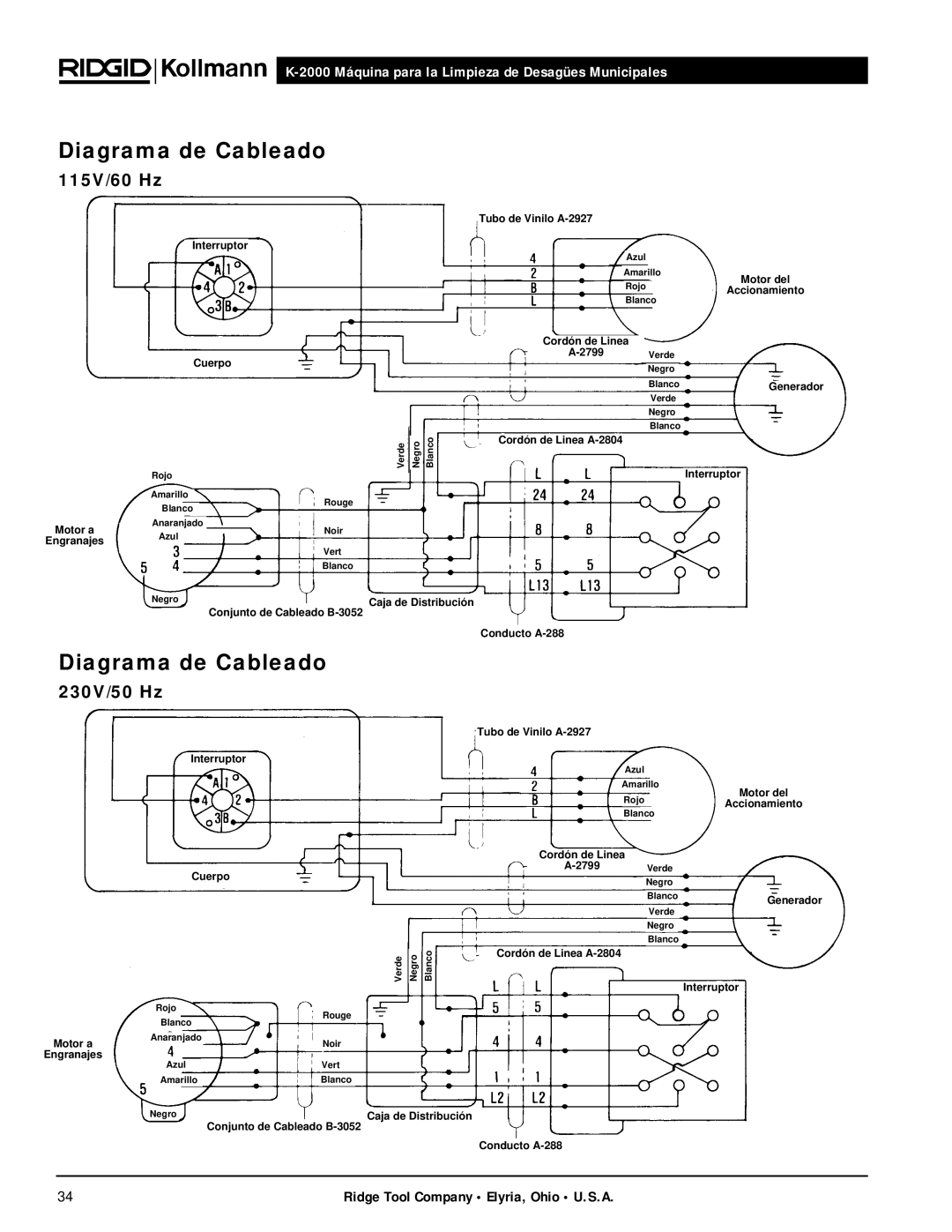 RIDGID K-2000 manual Diagrama de Cableado, 115V/60 Hz 