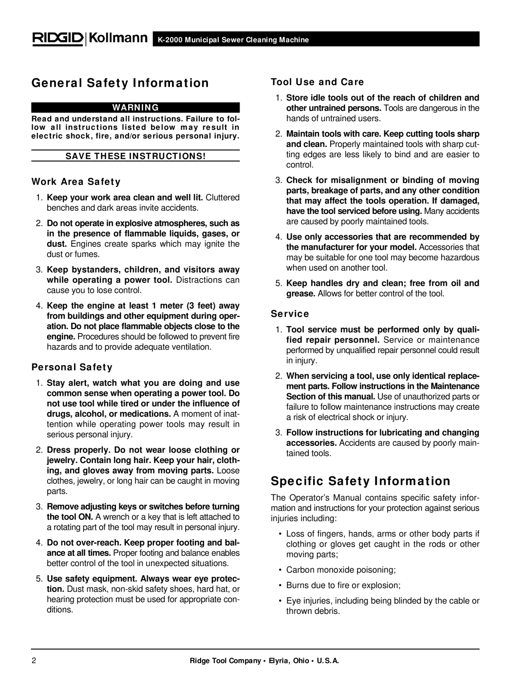 RIDGID K-2000 manual General Safety Information, Specific Safety Information 