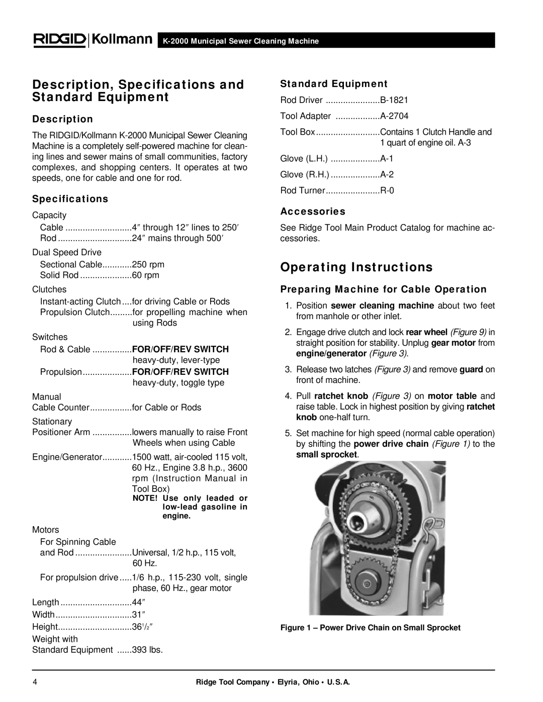 RIDGID K-2000 manual Description, Specifications and Standard Equipment, Operating Instructions 