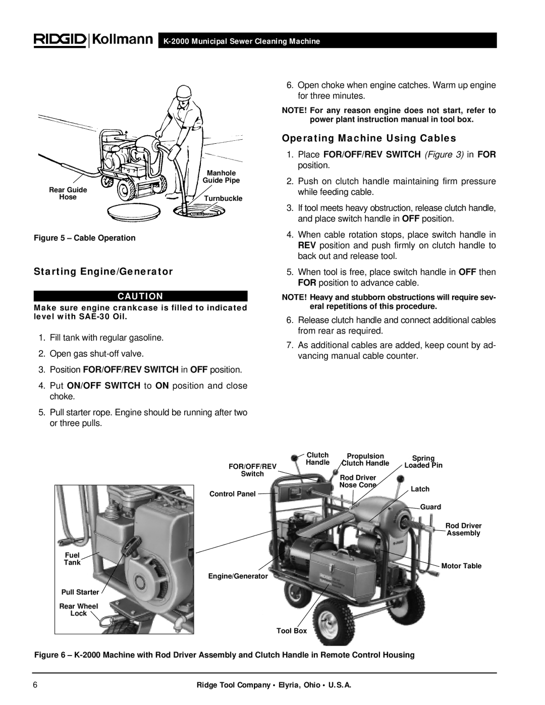 RIDGID K-2000 manual Starting Engine/Generator, Operating Machine Using Cables 