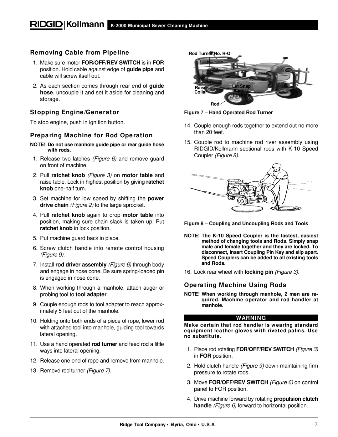 RIDGID K-2000 manual Removing Cable from Pipeline, Stopping Engine/Generator, Preparing Machine for Rod Operation 