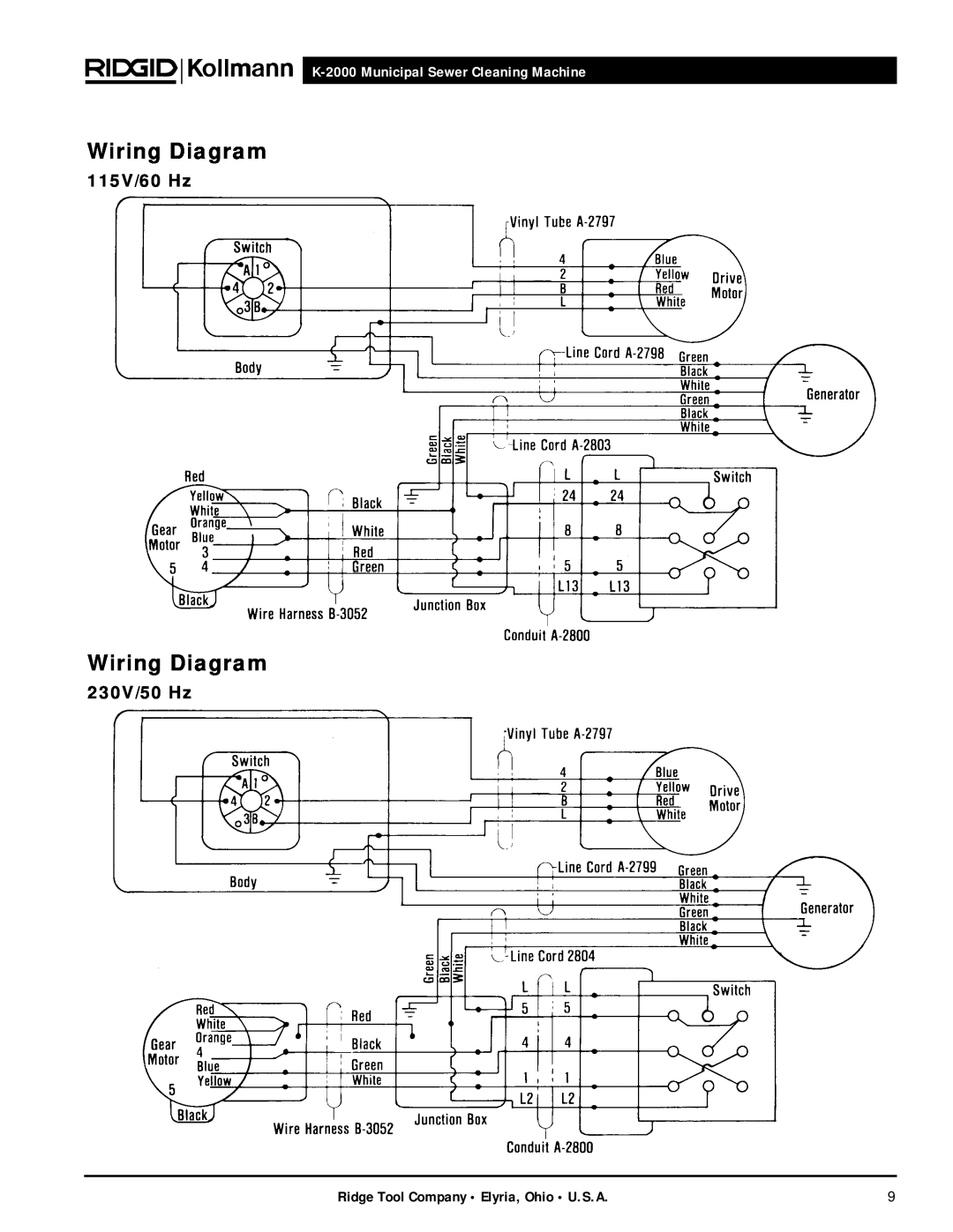 RIDGID manual Wiring Diagram, 115V/60 Hz, 230V/50 Hz, K-2000 Municipal Sewer Cleaning Machine 