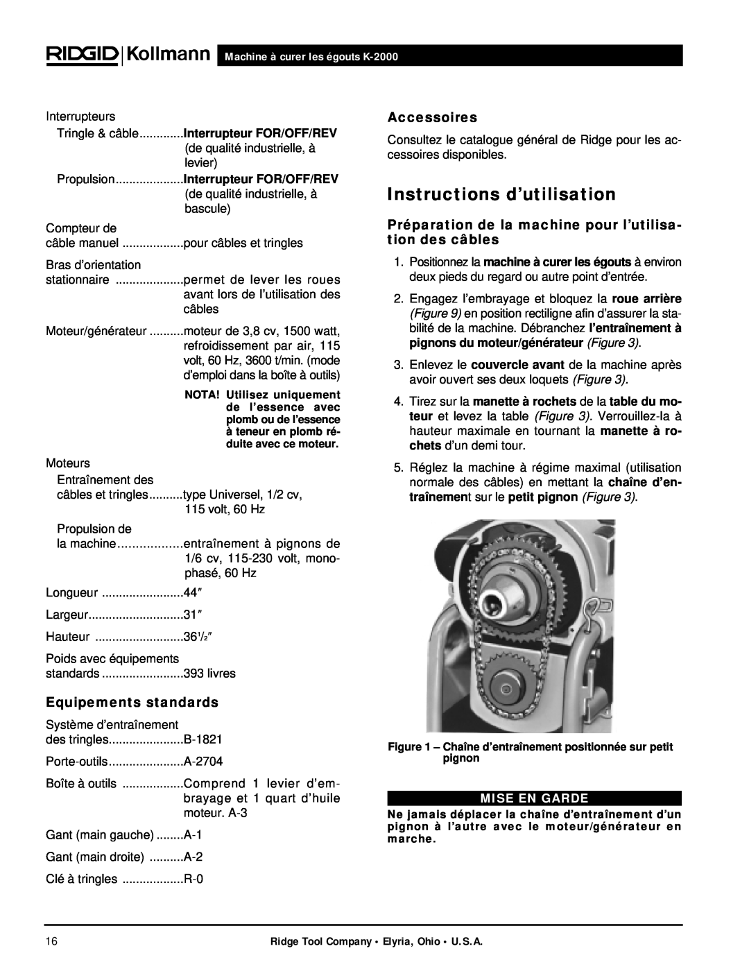 RIDGID Instructions d’utilisation, Accessoires, Equipements standards, Machine à curer les égouts K-2000, Mise En Garde 